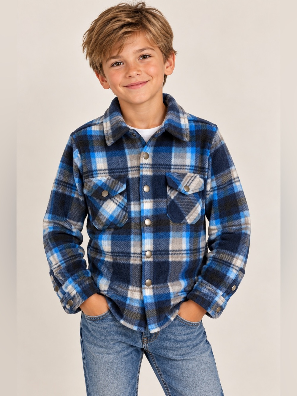 Eddie Bauer Boys Size 8 Blue Plaid Sherpa Lined Shirt Jacket